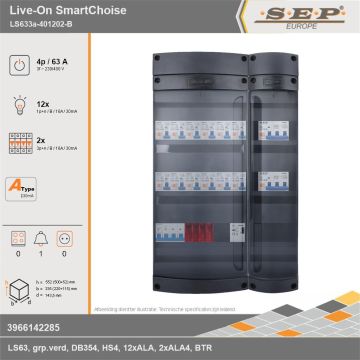 SEP Europe - Live-On SmartChoise, LS633a-401202-B, 63A, 3-fase groepenkast, 12-lichtgroepen, 2-krachtgroepen, 1-beltrafo, technische gegevens