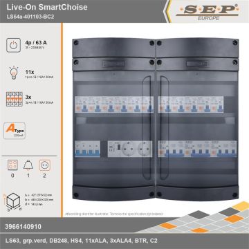 SEP Europe - Live-On SmartChoise, LS64a-401103-BC2, 63A, 3-fase groepenkast, 11-lichtgroepen, 3-krachtgroepen, 1-beltrafo,  2V-contactdoos, technische gegevens