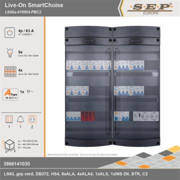 SEP Europe - Live-On SmartChoise, LS66a-410904-FBC2, 63A, 3-fase groepenkast, 9-lichtgroepen, 4-krachtgroepen, 1-fornuisgroep, 1-beltrafo,  2V-contactdoos, technische gegevens