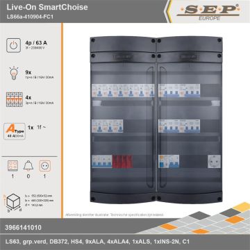 SEP Europe - Live-On SmartChoise, LS66a-410904-FC1, 63A, 3-fase groepenkast, 9-lichtgroepen, 4-krachtgroepen, 1-fornuisgroep,  1V-contactdoos, technische gegevens