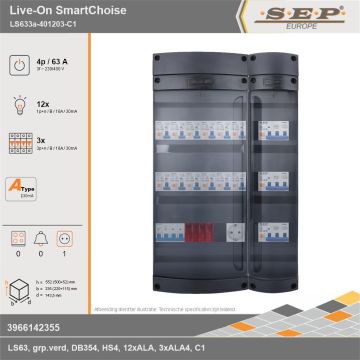 SEP Europe - Live-On SmartChoise, LS633a-401203-C1, 63A, 3-fase groepenkast, 12-lichtgroepen, 3-krachtgroepen,  1V-contactdoos, technische gegevens