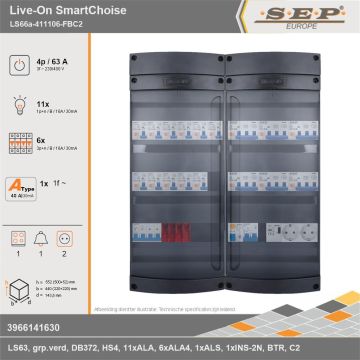 SEP Europe - Live-On SmartChoise, LS66a-411106-FBC2, 63A, 3-fase groepenkast, 11-lichtgroepen, 6-krachtgroepen, 1-fornuisgroep, 1-beltrafo,  2V-contactdoos, technische gegevens
