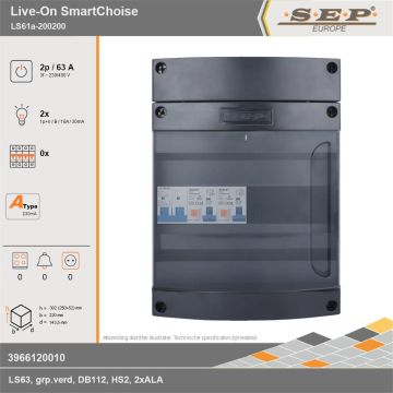 SEP Europe - Live-On SmartChoise, LS61a-200200, 63A, 3-fase groepenkast, 2-lichtgroepen, technische gegevens