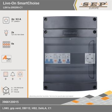SEP Europe - Live-On SmartChoise, LS61a-200200-C1, 63A, 3-fase groepenkast, 2-lichtgroepen,  1V-contactdoos, technische gegevens