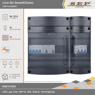 SEP Europe - Live-On SmartChoise, LS611a-400201, 63A, 3-fase groepenkast, 2-lichtgroepen, 1-krachtgroepen, technische gegevens