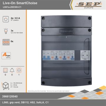 SEP Europe - Live-On SmartChoise, LS61a-200300-C1, 63A, 3-fase groepenkast, 3-lichtgroepen,  1V-contactdoos, technische gegevens