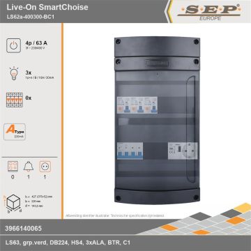 SEP Europe - Live-On SmartChoise, LS62a-400300-BC1, 63A, 3-fase groepenkast, 3-lichtgroepen, 1-beltrafo,  1V-contactdoos, technische gegevens