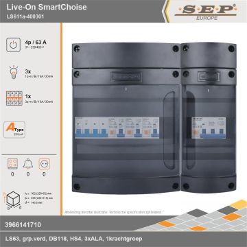 SEP Europe - Live-On SmartChoise, LS611a-400301, 63A, 3-fase groepenkast, 3-lichtgroepen, 1-krachtgroepen, technische gegevens