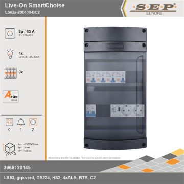 SEP Europe - Live-On SmartChoise, LS62a-200400-BC2, 63A, 3-fase groepenkast, 4-lichtgroepen, 1-beltrafo,  2V-contactdoos, technische gegevens
