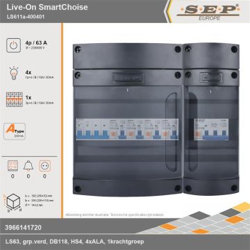 SEP Europe - Live-On SmartChoise, LS611a-400401, 63A, 3-fase groepenkast, 4-lichtgroepen, 1-krachtgroepen, technische gegevens