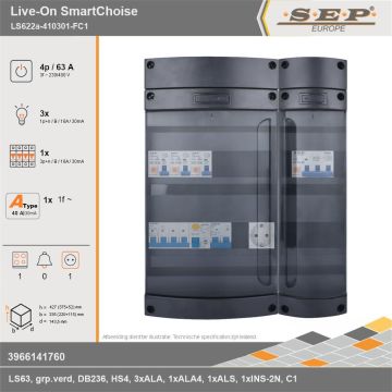 SEP Europe - Live-On SmartChoise, LS622a-410301-FC1, 63A, 3-fase groepenkast, 3-lichtgroepen, 1-krachtgroepen, 1-fornuisgroep,  1V-contactdoos, technische gegevens