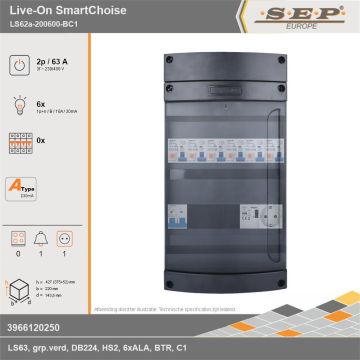 SEP Europe - Live-On SmartChoise, LS62a-200600-BC1, 63A, 3-fase groepenkast, 6-lichtgroepen, 1-beltrafo,  1V-contactdoos, technische gegevens
