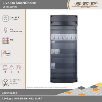 SEP Europe - Live-On SmartChoise, LS63a-200800, 63A, 3-fase groepenkast, 8-lichtgroepen, technische gegevens