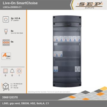 SEP Europe - Live-On SmartChoise, LS63a-200800-C1, 63A, 3-fase groepenkast, 8-lichtgroepen,  1V-contactdoos, technische gegevens