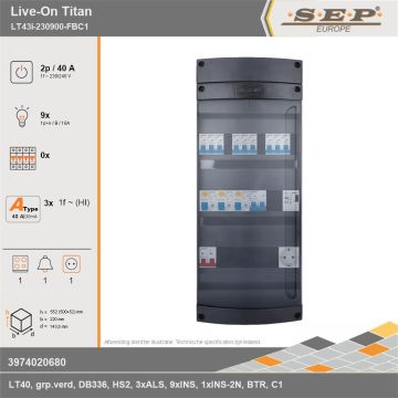 SEP Europe - Live-On Titan, LT43i-230900-FBC1, 40A, 1-fase groepenkast, 9-lichtgroepen, 1-fornuisgroep, 1-beltrafo,  1V-contactdoos, technische gegevens