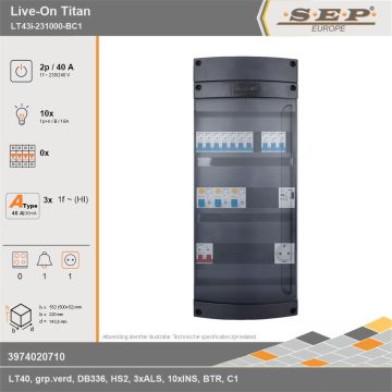 SEP Europe - Live-On Titan, LT43i-231000-BC1, 40A, 1-fase groepenkast, 10-lichtgroepen, 1-beltrafo,  1V-contactdoos, technische gegevens
