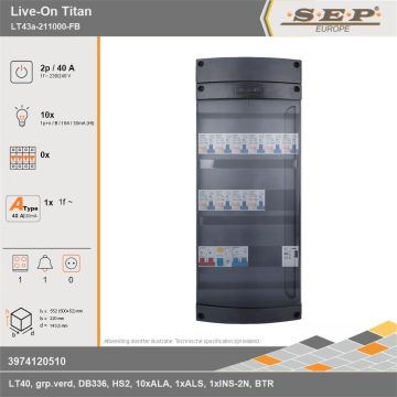 SEP Europe - Live-On Titan, LT43a-211000-FB, 40A, 1-fase groepenkast, 10-lichtgroepen, 1-fornuisgroep, 1-beltrafo, technische gegevens
