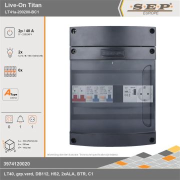 SEP Europe - Live-On Titan, LT41a-200200-BC1, 40A, 1-fase groepenkast, 2-lichtgroepen, 1-beltrafo,  1V-contactdoos, technische gegevens