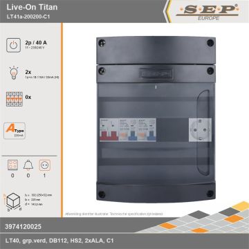SEP Europe - Live-On Titan, LT41a-200200-C1, 40A, 1-fase groepenkast, 2-lichtgroepen,  1V-contactdoos, technische gegevens