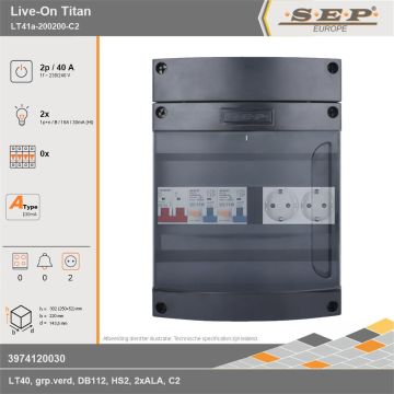 SEP Europe - Live-On Titan, LT41a-200200-C2, 40A, 1-fase groepenkast, 2-lichtgroepen,  2V-contactdoos, technische gegevens