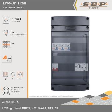 SEP Europe - Live-On Titan, LT42a-200300-BC1, 40A, 1-fase groepenkast, 3-lichtgroepen, 1-beltrafo,  1V-contactdoos, technische gegevens