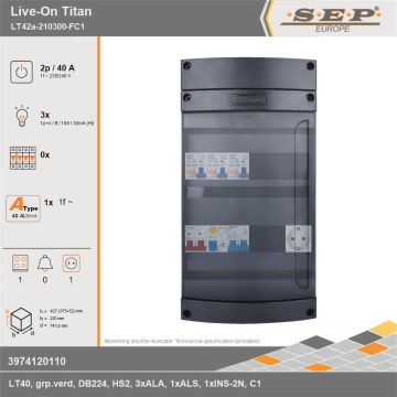 SEP Europe - Live-On Titan, LT42a-210300-FC1, 40A, 1-fase groepenkast, 3-lichtgroepen, 1-fornuisgroep,  1V-contactdoos, technische gegevens