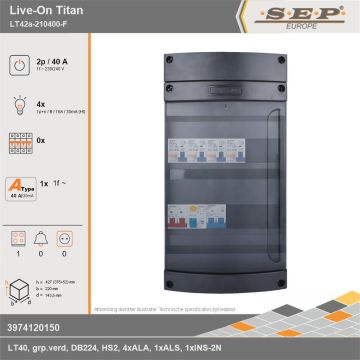 SEP Europe - Live-On Titan, LT42a-210400-F, 40A, 1-fase groepenkast, 4-lichtgroepen, 1-fornuisgroep, technische gegevens