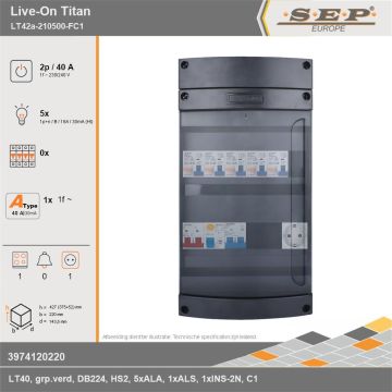 SEP Europe - Live-On Titan, LT42a-210500-FC1, 40A, 1-fase groepenkast, 5-lichtgroepen, 1-fornuisgroep,  1V-contactdoos, technische gegevens