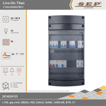 SEP Europe - Live-On Titan, LT42i-220500-FBC1, 40A, 1-fase groepenkast, 5-lichtgroepen, 1-fornuisgroep, 1-beltrafo,  1V-contactdoos, technische gegevens