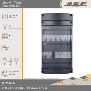 SEP Europe - Live-On Titan, LT42a-200700-BC2, 40A, 1-fase groepenkast, 7-lichtgroepen, 1-beltrafo,  2V-contactdoos, technische gegevens