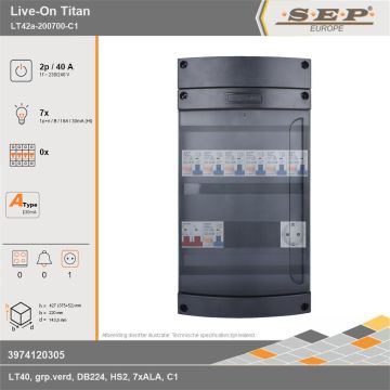 SEP Europe - Live-On Titan, LT42a-200700-C1, 40A, 1-fase groepenkast, 7-lichtgroepen,  1V-contactdoos, technische gegevens