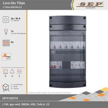 SEP Europe - Live-On Titan, LT42a-200700-C2, 40A, 1-fase groepenkast, 7-lichtgroepen,  2V-contactdoos, technische gegevens