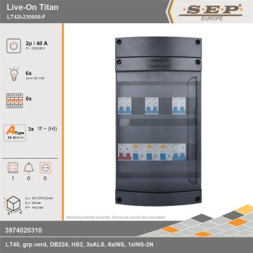 SEP Europe - Live-On Titan, LT42i-230600-F, 40A, 1-fase groepenkast, 6-lichtgroepen, 1-fornuisgroep, technische gegevens