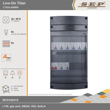 SEP Europe - Live-On Titan, LT42a-200800, 40A, 1-fase groepenkast, 8-lichtgroepen, technische gegevens