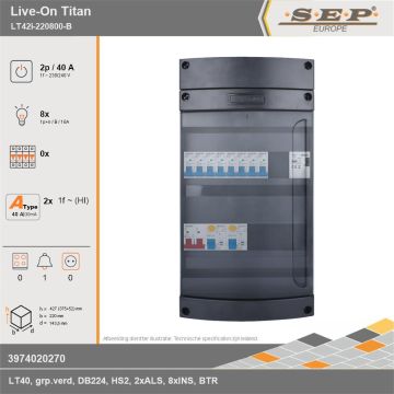 SEP Europe - Live-On Titan, LT42i-220800-B, 40A, 1-fase groepenkast, 8-lichtgroepen, 1-beltrafo, technische gegevens