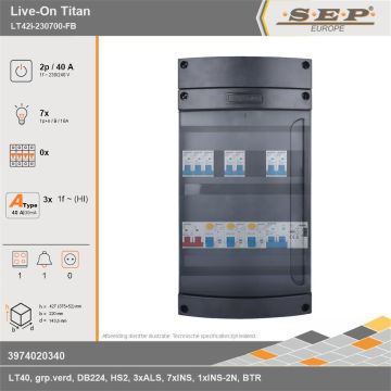 SEP Europe - Live-On Titan, LT42i-230700-FB, 40A, 1-fase groepenkast, 7-lichtgroepen, 1-fornuisgroep, 1-beltrafo, technische gegevens