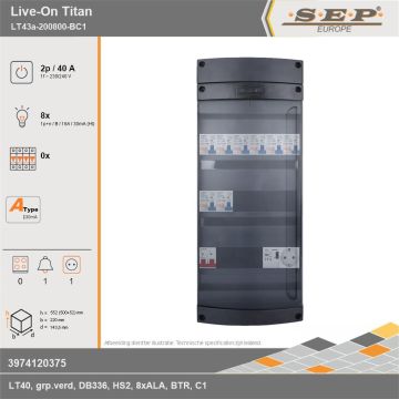 SEP Europe - Live-On Titan, LT43a-200800-BC1, 40A, 1-fase groepenkast, 8-lichtgroepen, 1-beltrafo,  1V-contactdoos, technische gegevens