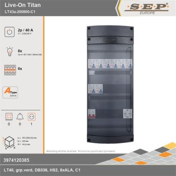 SEP Europe - Live-On Titan, LT43a-200800-C1, 40A, 1-fase groepenkast, 8-lichtgroepen,  1V-contactdoos, technische gegevens