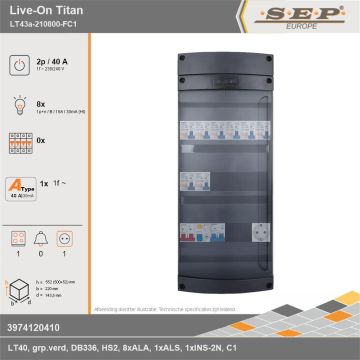 SEP Europe - Live-On Titan, LT43a-210800-FC1, 40A, 1-fase groepenkast, 8-lichtgroepen, 1-fornuisgroep,  1V-contactdoos, technische gegevens