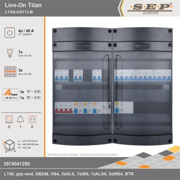 SEP Europe - Live-On Titan, LT44i-430713-B, 40A, 3-fase groepenkast, 7-lichtgroepen, 3-krachtgroepen, 1-beltrafo, technische gegevens