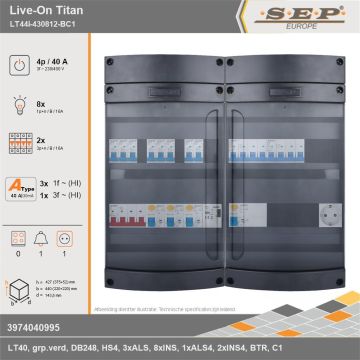 SEP Europe - Live-On Titan, LT44i-430812-BC1, 40A, 3-fase groepenkast, 8-lichtgroepen, 2-krachtgroepen, 1-beltrafo,  1V-contactdoos, technische gegevens