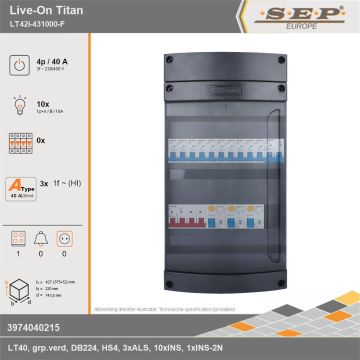 SEP Europe - Live-On Titan, LT42i-431000-F, 40A, 3-fase groepenkast, 10-lichtgroepen, 1-fornuisgroep, technische gegevens