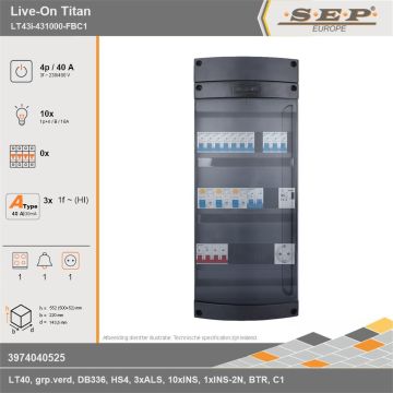SEP Europe - Live-On Titan, LT43i-431000-FBC1, 40A, 3-fase groepenkast, 10-lichtgroepen, 1-fornuisgroep, 1-beltrafo,  1V-contactdoos, technische gegevens