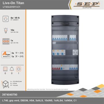 SEP Europe - Live-On Titan, LT43i-431011-C1, 40A, 3-fase groepenkast, 10-lichtgroepen, 1-krachtgroepen,  1V-contactdoos, technische gegevens