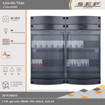 SEP Europe - Live-On Titan, LT44a-400902, 40A, 3-fase groepenkast, 9-lichtgroepen, 2-krachtgroepen, technische gegevens
