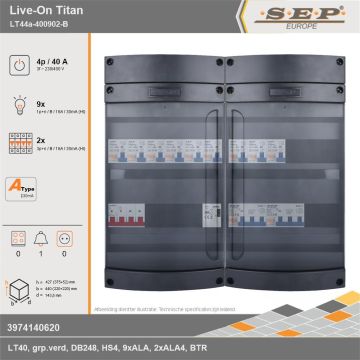 SEP Europe - Live-On Titan, LT44a-400902-B, 40A, 3-fase groepenkast, 9-lichtgroepen, 2-krachtgroepen, 1-beltrafo, technische gegevens