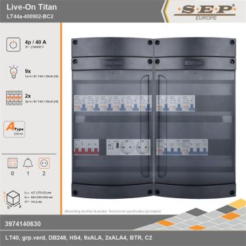 SEP Europe - Live-On Titan, LT44a-400902-BC2, 40A, 3-fase groepenkast, 9-lichtgroepen, 2-krachtgroepen, 1-beltrafo,  2V-contactdoos, technische gegevens