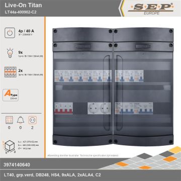 SEP Europe - Live-On Titan, LT44a-400902-C2, 40A, 3-fase groepenkast, 9-lichtgroepen, 2-krachtgroepen,  2V-contactdoos, technische gegevens
