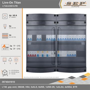 SEP Europe - Live-On Titan, LT44i-430614-FB, 40A, 3-fase groepenkast, 6-lichtgroepen, 4-krachtgroepen, 1-fornuisgroep, 1-beltrafo, technische gegevens
