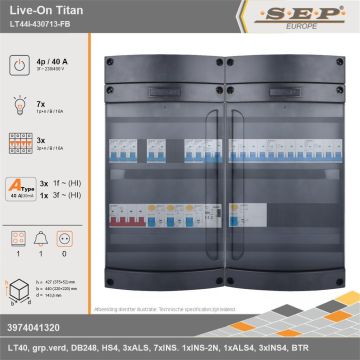 SEP Europe - Live-On Titan, LT44i-430713-FB, 40A, 3-fase groepenkast, 7-lichtgroepen, 3-krachtgroepen, 1-fornuisgroep, 1-beltrafo, technische gegevens